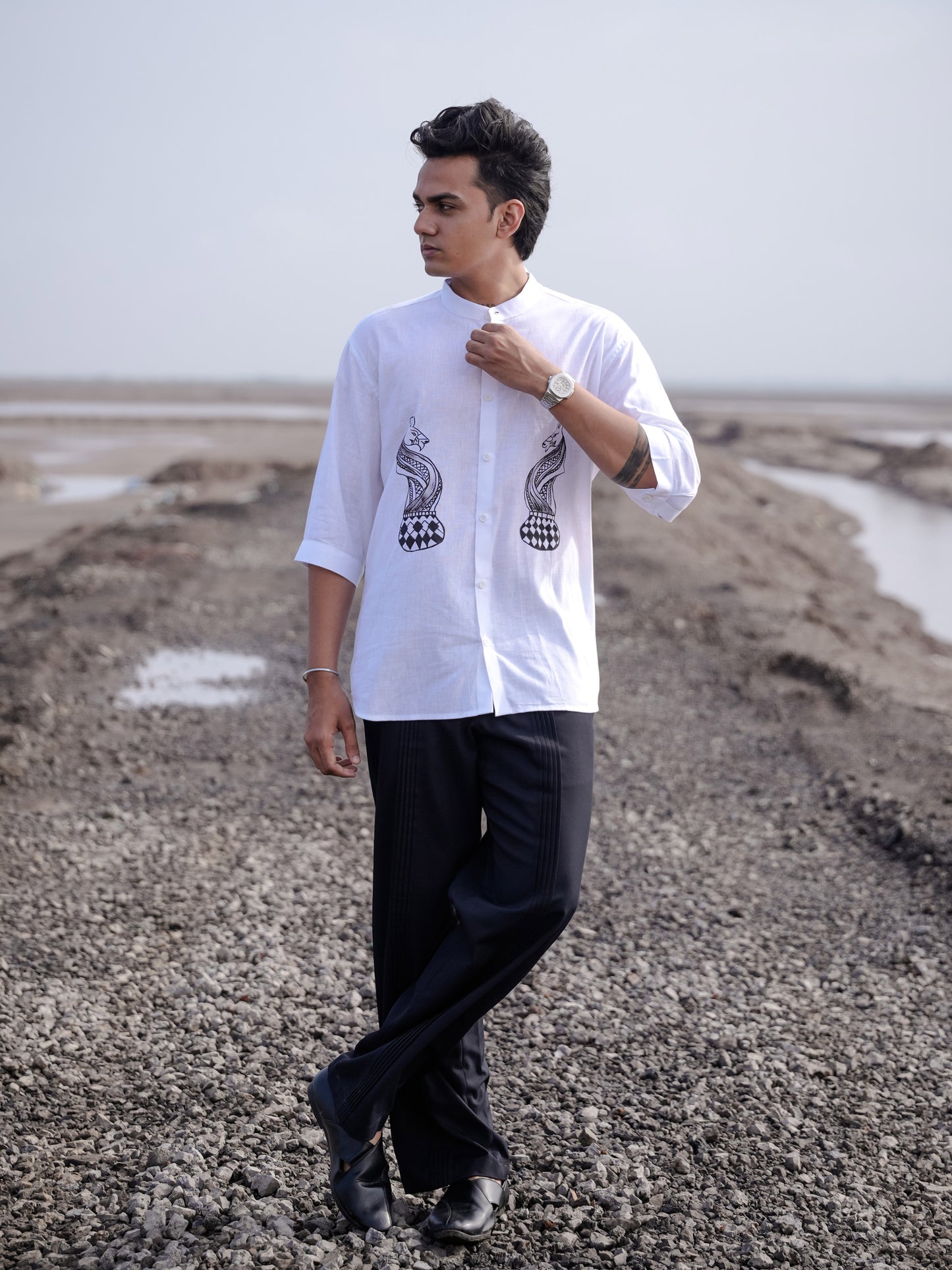 White Cotton Linen Shirt with Hand Painted Snake Print