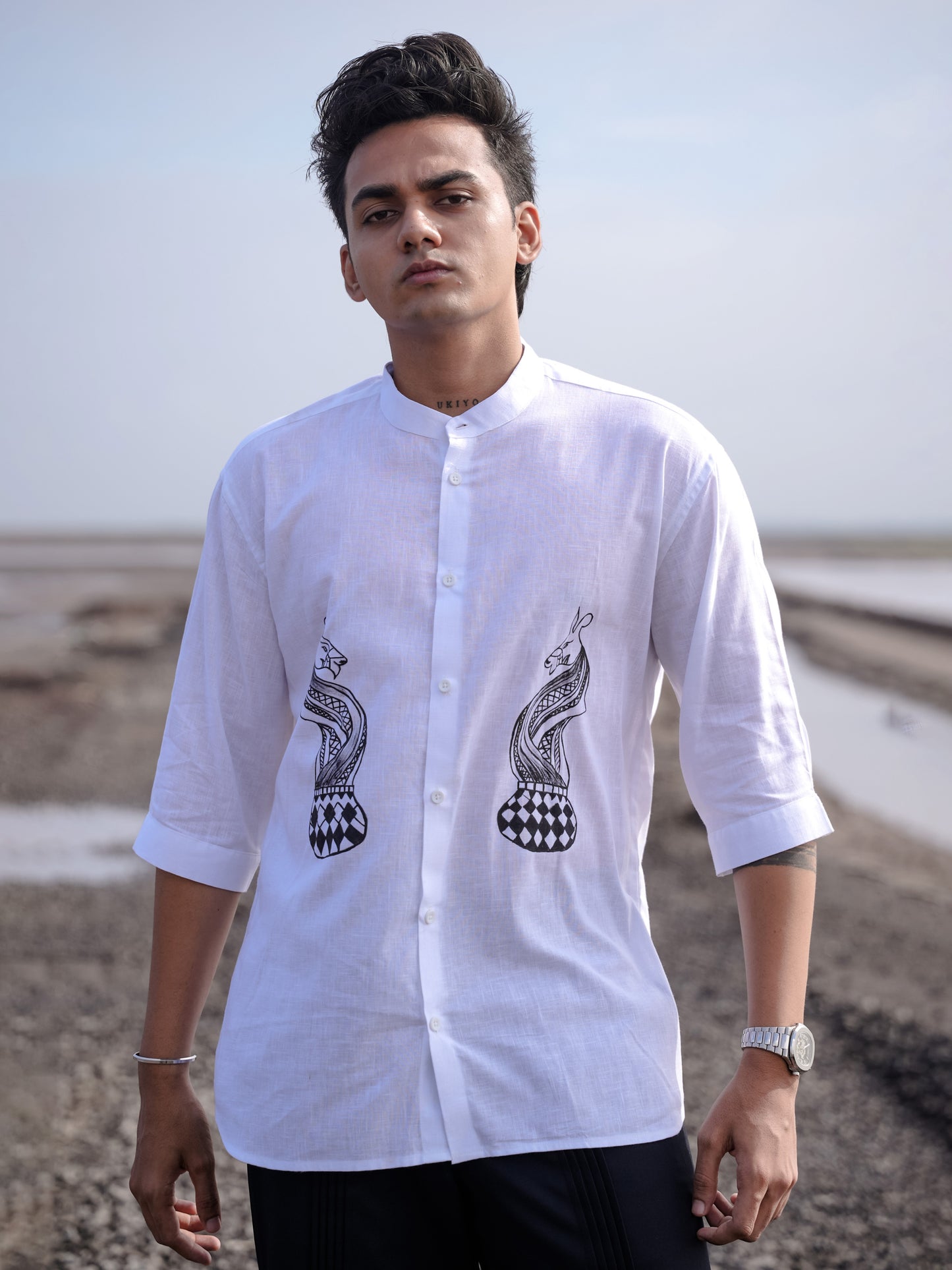 White Cotton Linen Shirt with Hand Painted Snake Print