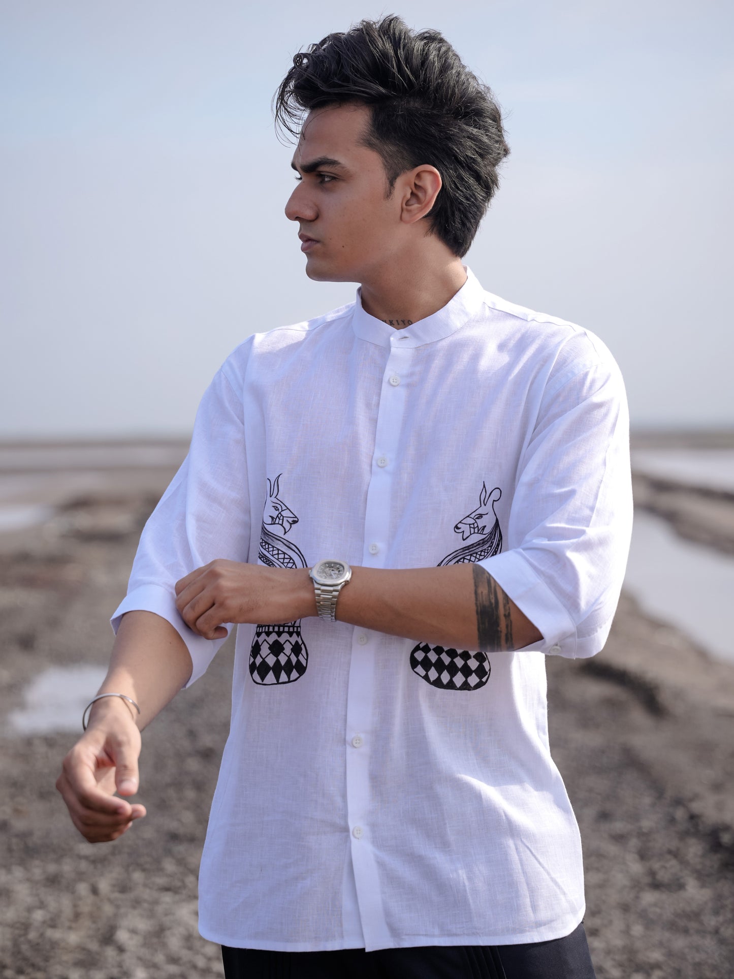White Cotton Linen Shirt with Hand Painted Snake Print