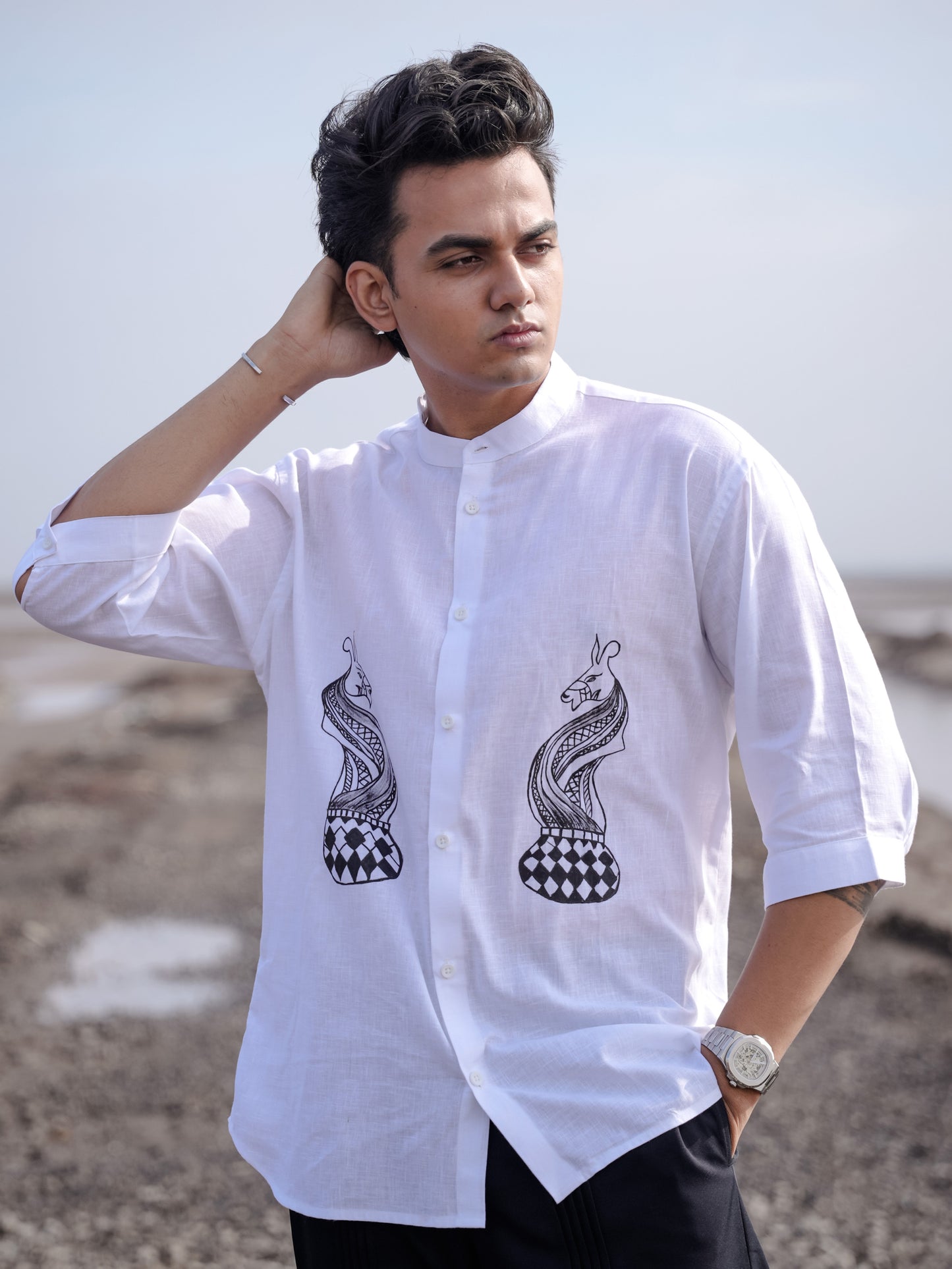 White Cotton Linen Shirt with Hand Painted Snake Print