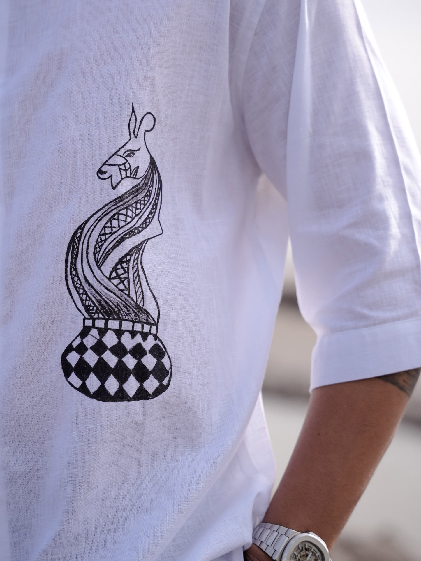 White Cotton Linen Shirt with Hand Painted Snake Print