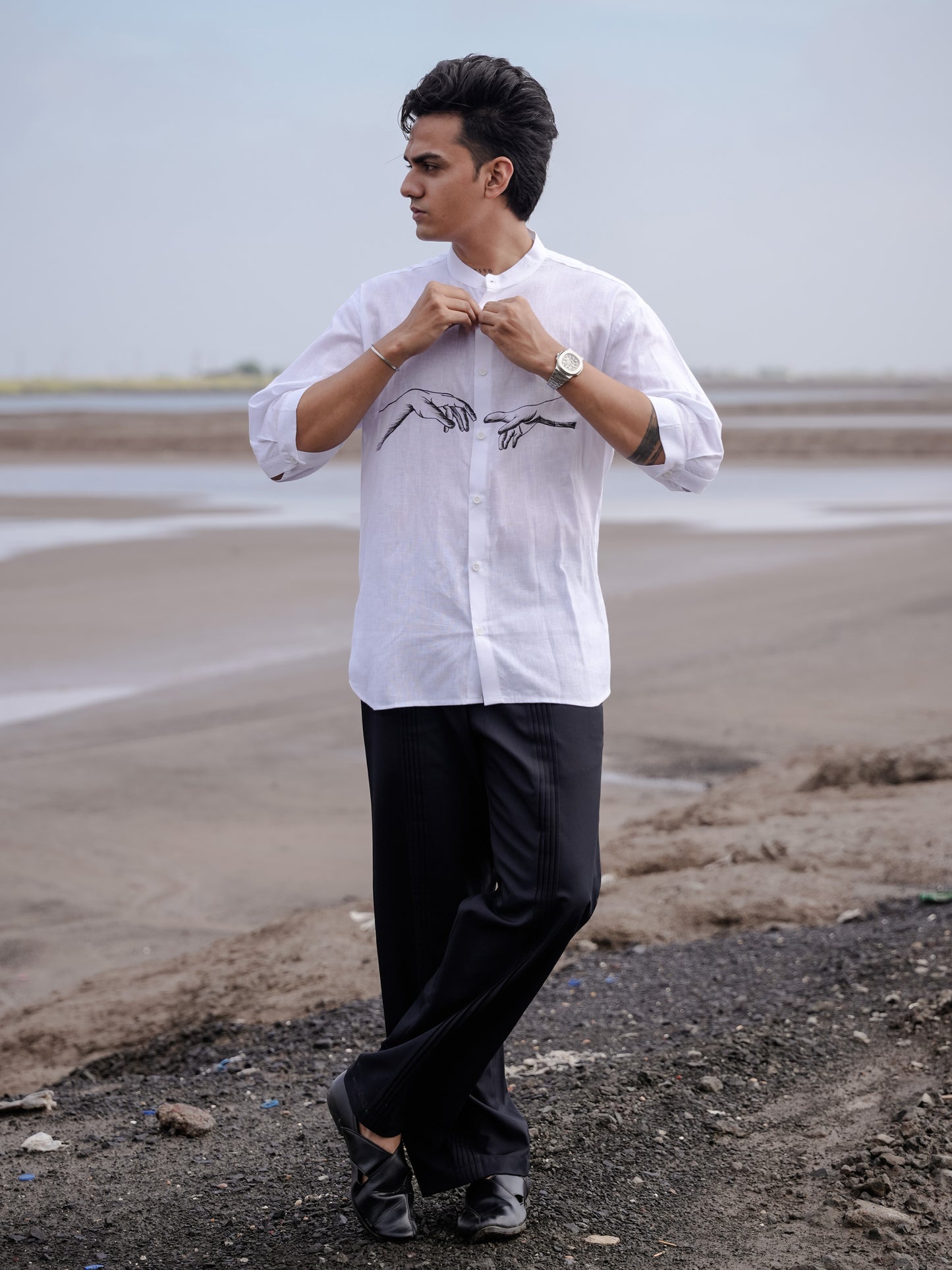 Modern Men’s Fashion White Mandarin Collar Hand Painted Cotton Linen Shirt
