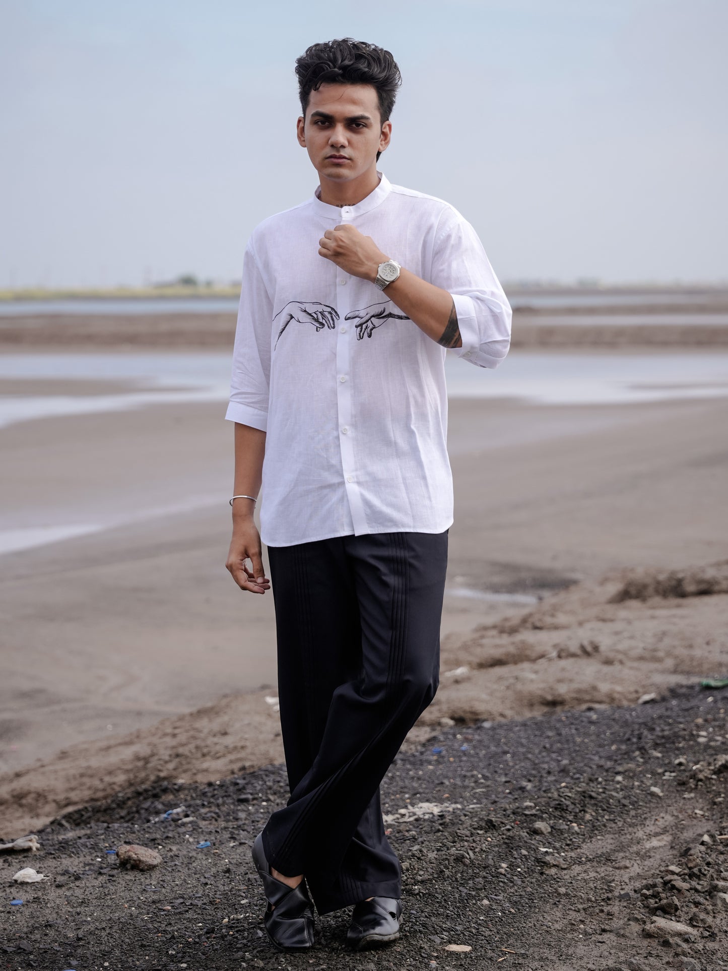 Modern Men’s Fashion White Mandarin Collar Hand Painted Cotton Linen Shirt