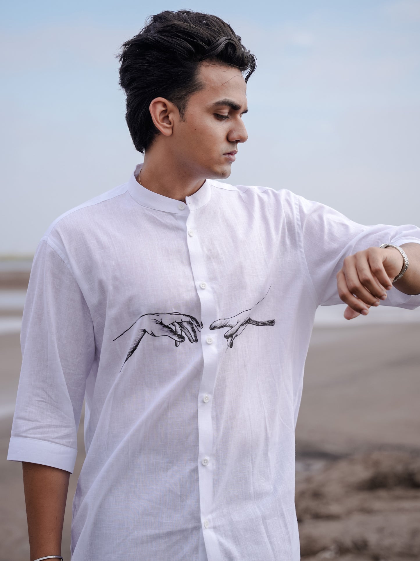 Modern Men’s Fashion White Mandarin Collar Hand Painted Cotton Linen Shirt