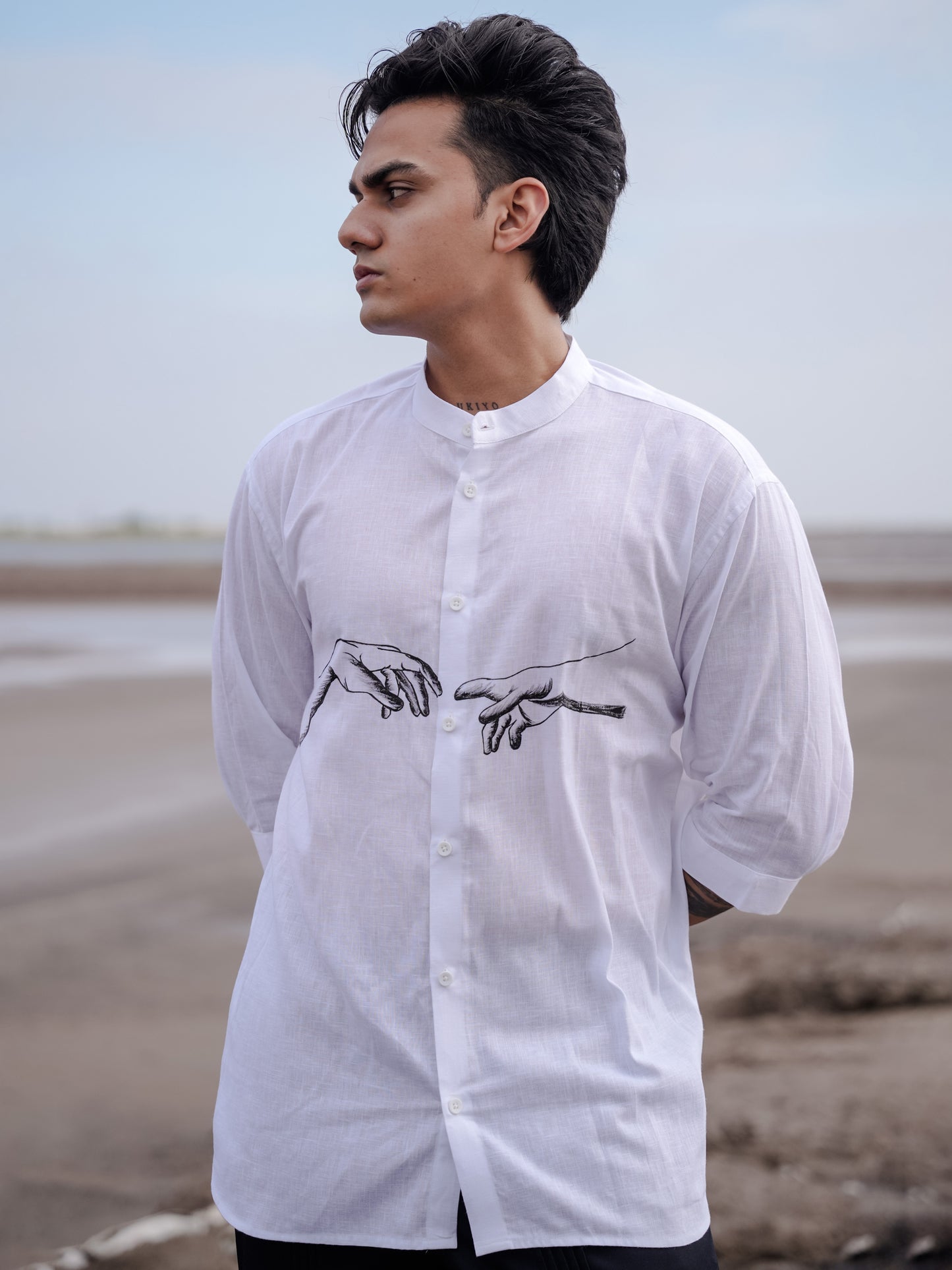 Modern Men’s Fashion White Mandarin Collar Hand Painted Cotton Linen Shirt
