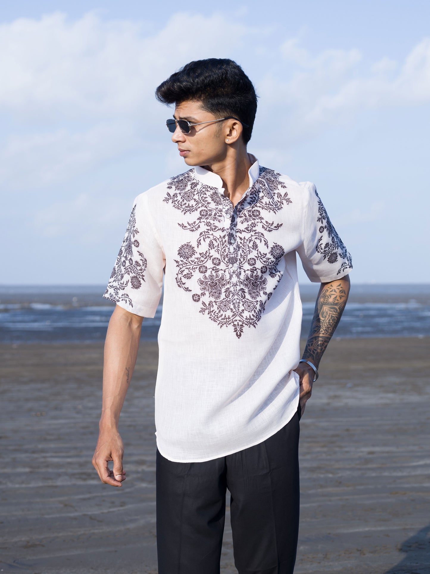 Men's Cream White Printed Short Shirt Kurta – Breezy Beach Style