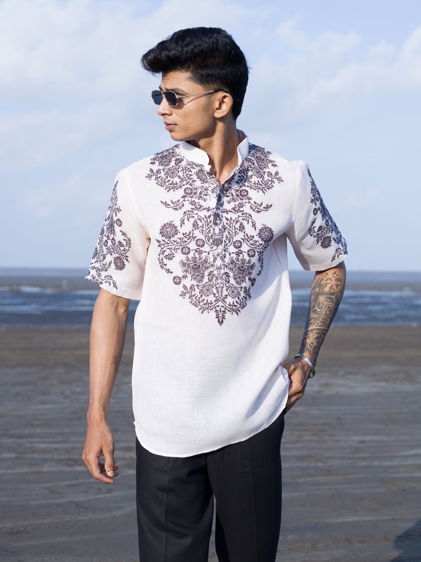 Men's Cream White Printed Short Shirt Kurta – Breezy Beach Style