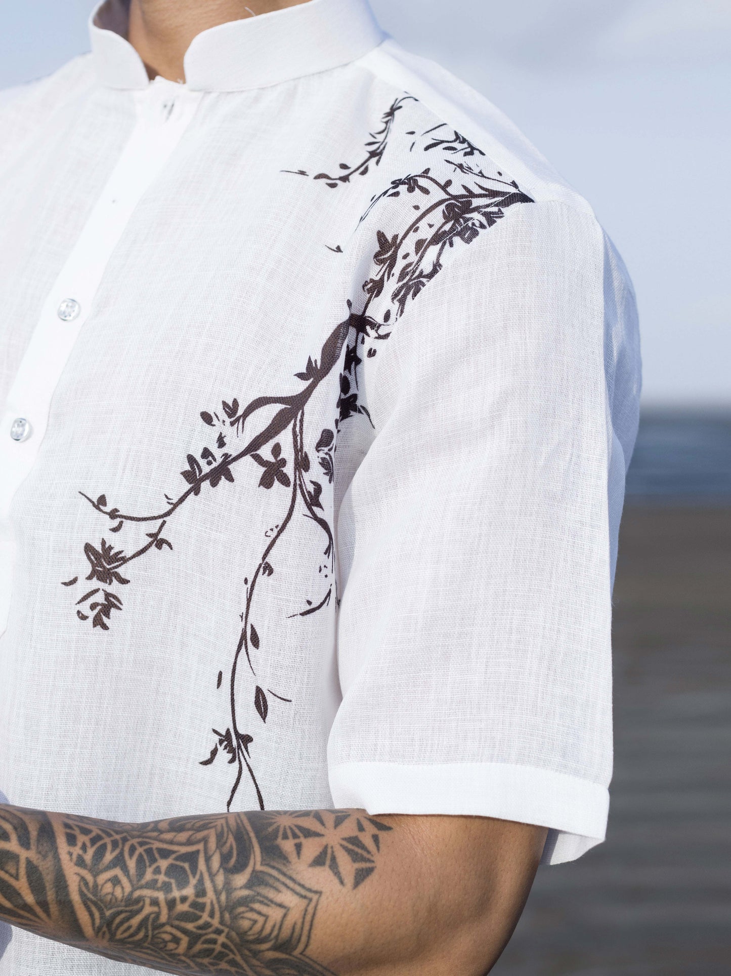Men’s White Printed Shirt with Chinese Collar – Modern Ethnic Look