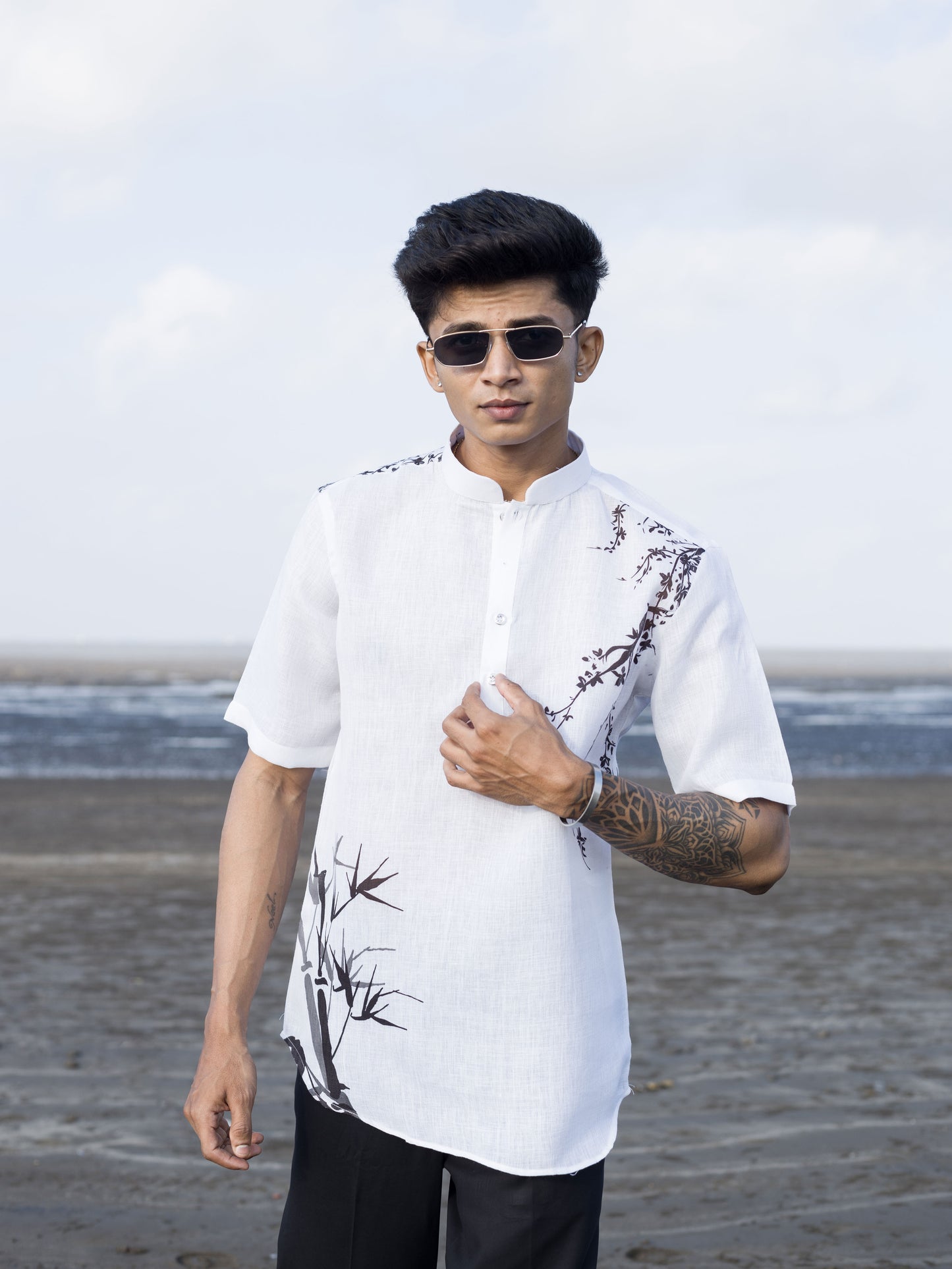 Men’s White Printed Shirt with Chinese Collar – Modern Ethnic Look