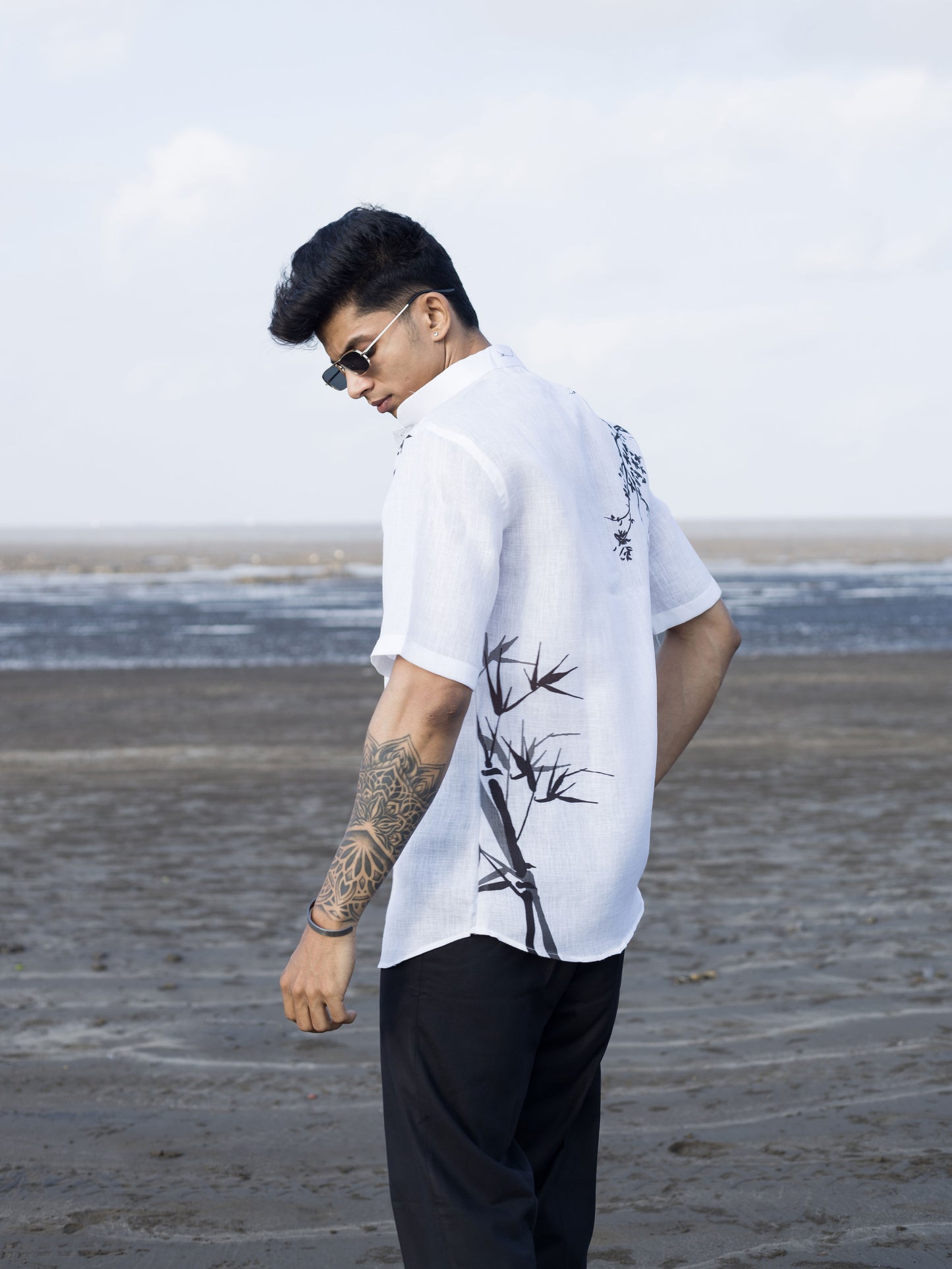 Men’s White Printed Shirt with Chinese Collar – Modern Ethnic Look