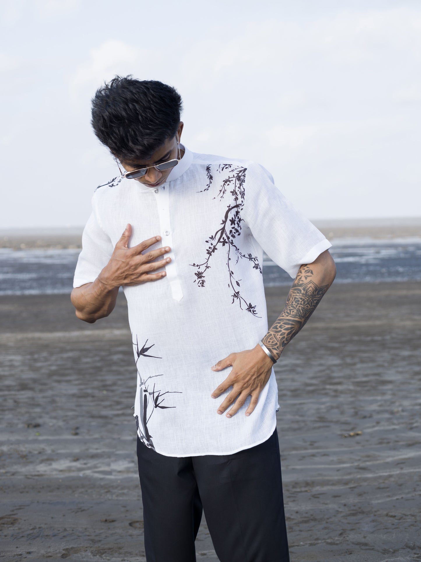 Men’s White Printed Shirt with Chinese Collar – Modern Ethnic Look