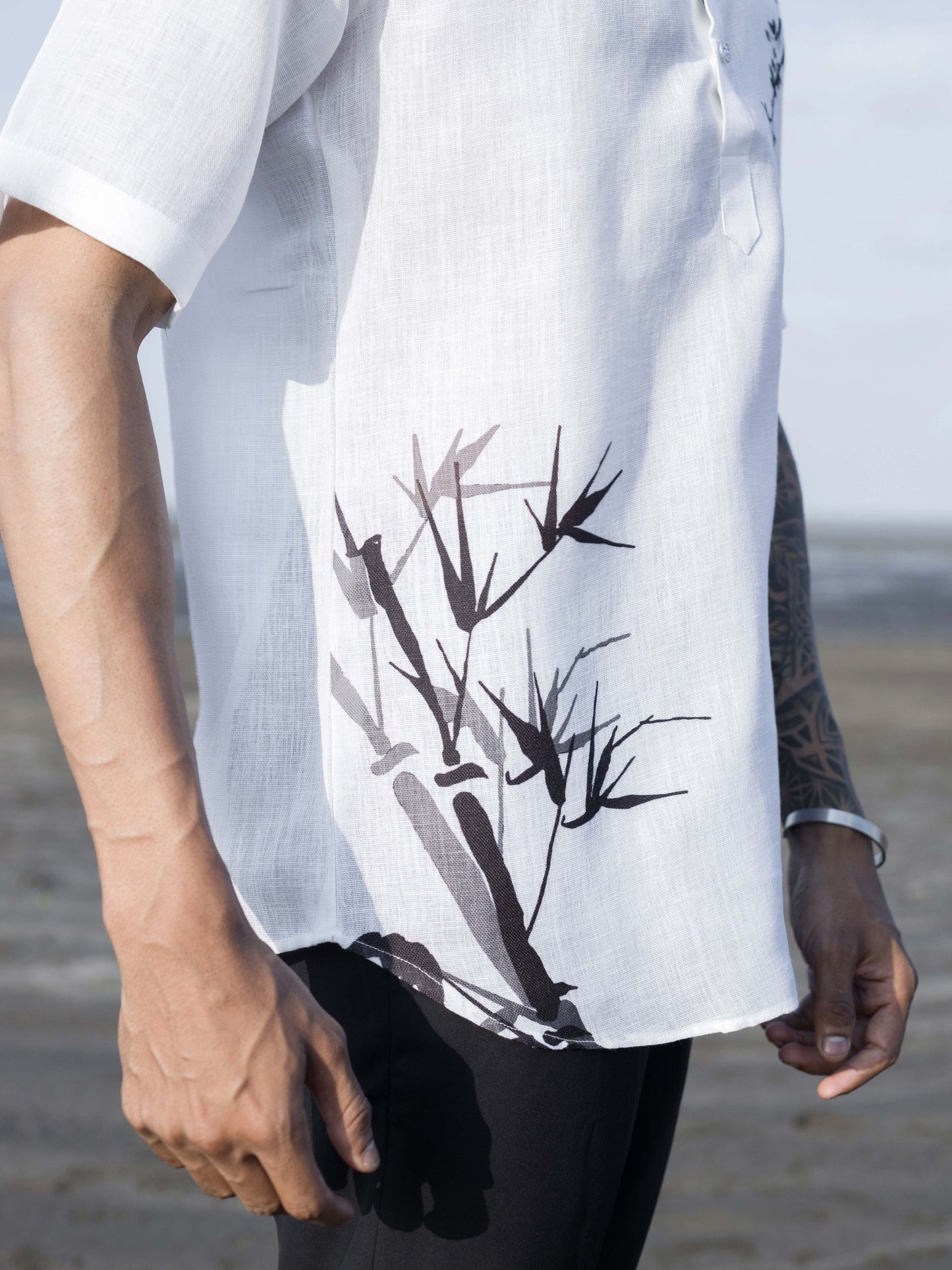 Men’s White Printed Shirt with Chinese Collar – Modern Ethnic Look