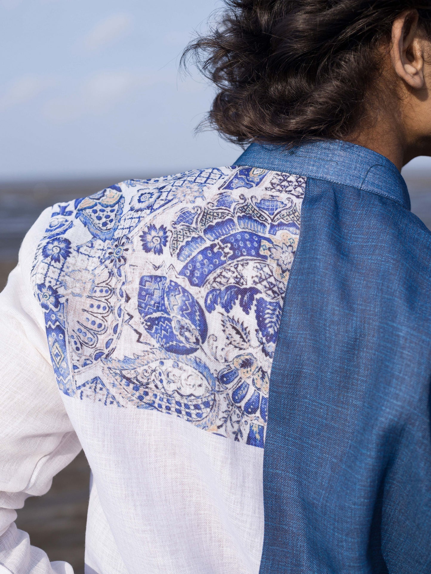 Elegant Blue & White Fusion Shirt for Men | Beachwear Style
