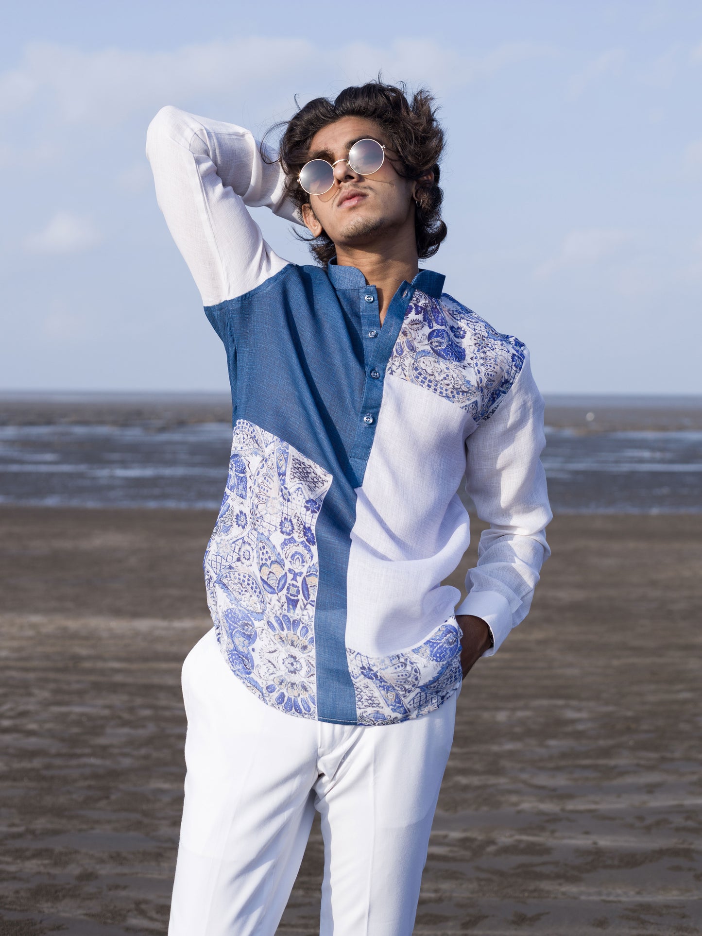 Elegant Blue & White Fusion Shirt for Men | Beachwear Style