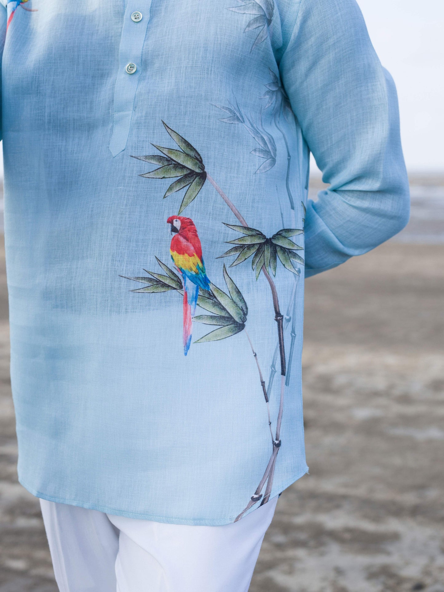 Tropical-Inspired Sky Blue Linen Shirt for Men – Summer Beachwear Look