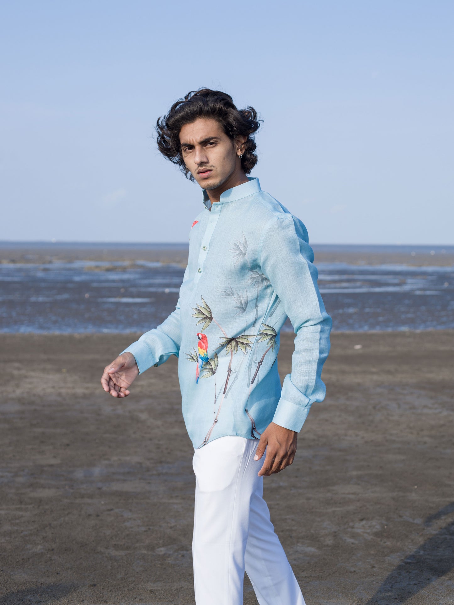 Tropical-Inspired Sky Blue Linen Shirt for Men – Summer Beachwear Look