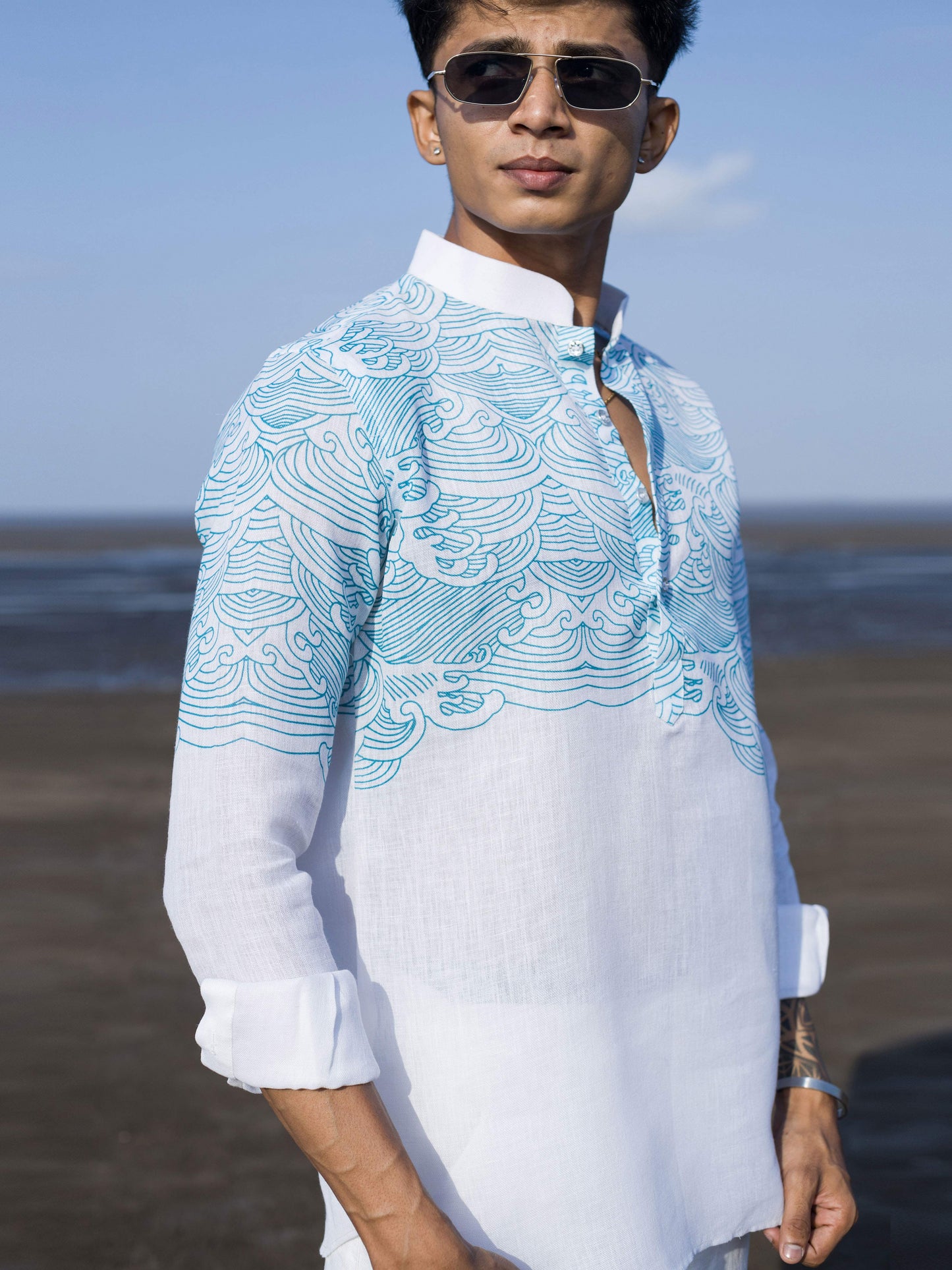 Elegant White Linen Shirt with Ocean Wave Print – Style for Men