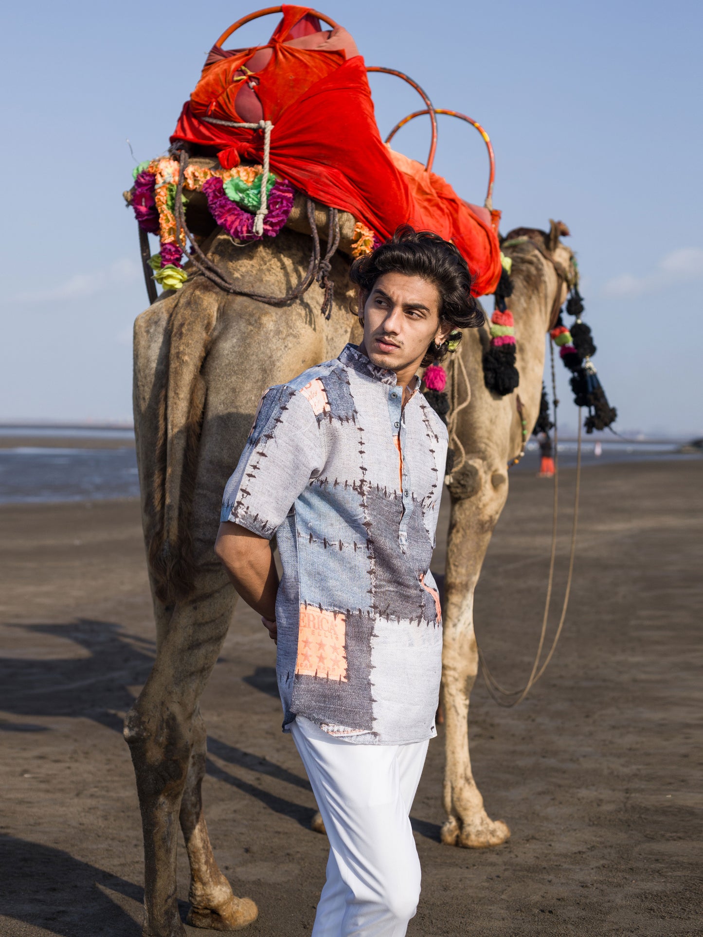 Modern Men’s Linen Shirt with Abstract Patchwork Print
