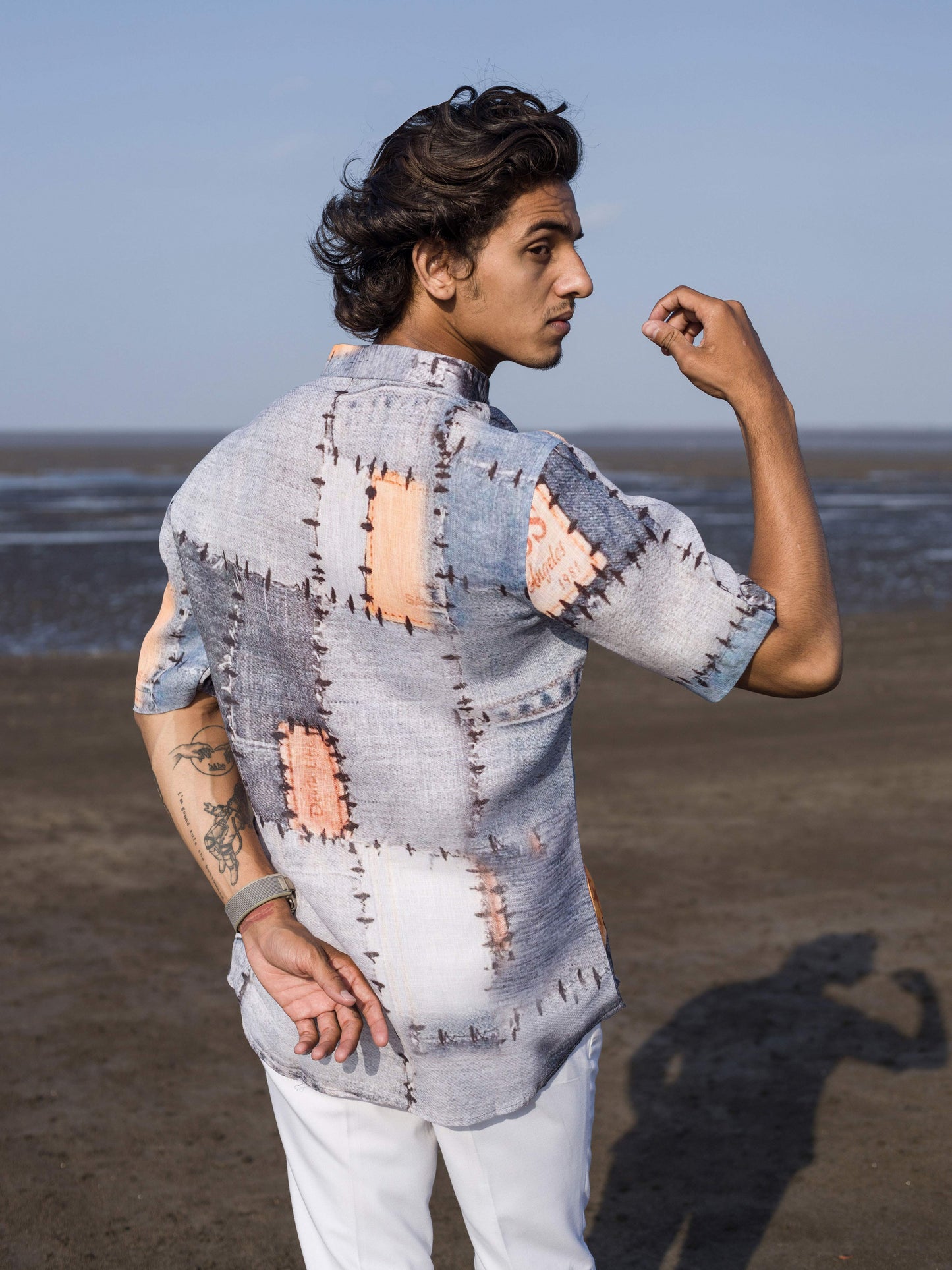 Modern Men’s Linen Shirt with Abstract Patchwork Print