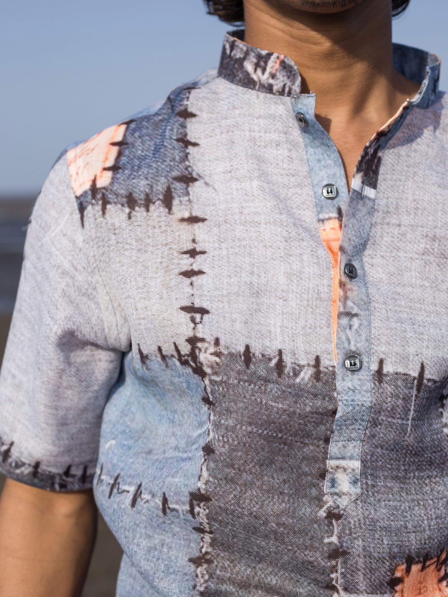 Modern Men’s Linen Shirt with Abstract Patchwork Print