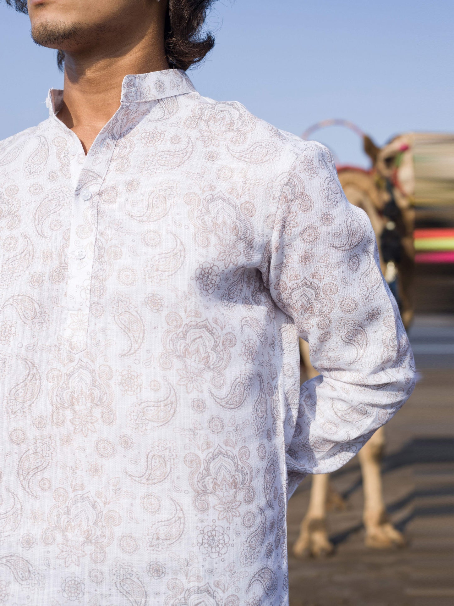 Elegant White Printed Linen Shirt for Men – Subtle Paisley Design