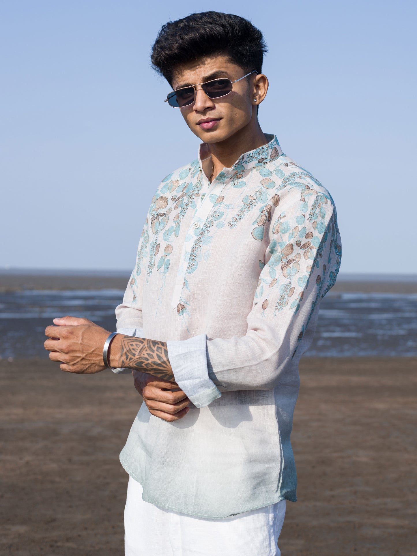 Cream Floral Print Beachwear Linen Shirt – Lightweight & Stylish Summer Wear