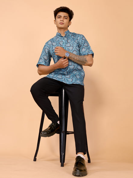 Cyan Blue Abstract Printed Linen Shirt – Bold & Breezy Summer Style