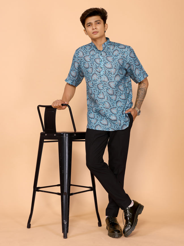 Cyan Blue Abstract Printed Linen Shirt – Bold & Breezy Summer Style