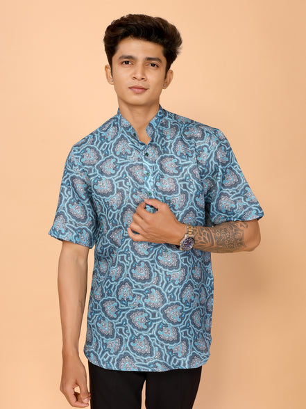 Cyan Blue Abstract Printed Linen Shirt – Bold & Breezy Summer Style