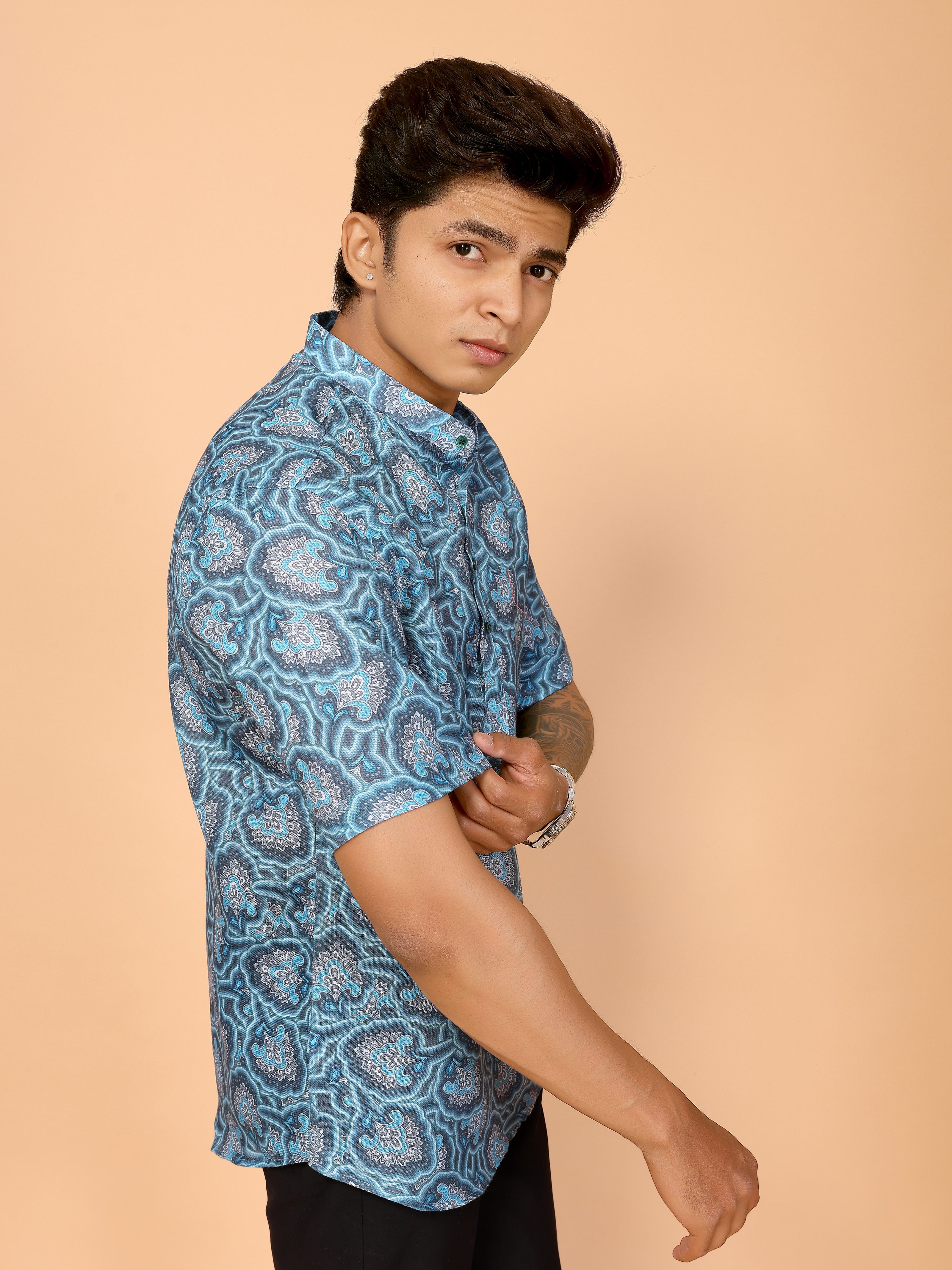 Cyan Blue Abstract Printed Linen Shirt – Bold & Breezy Summer Style
