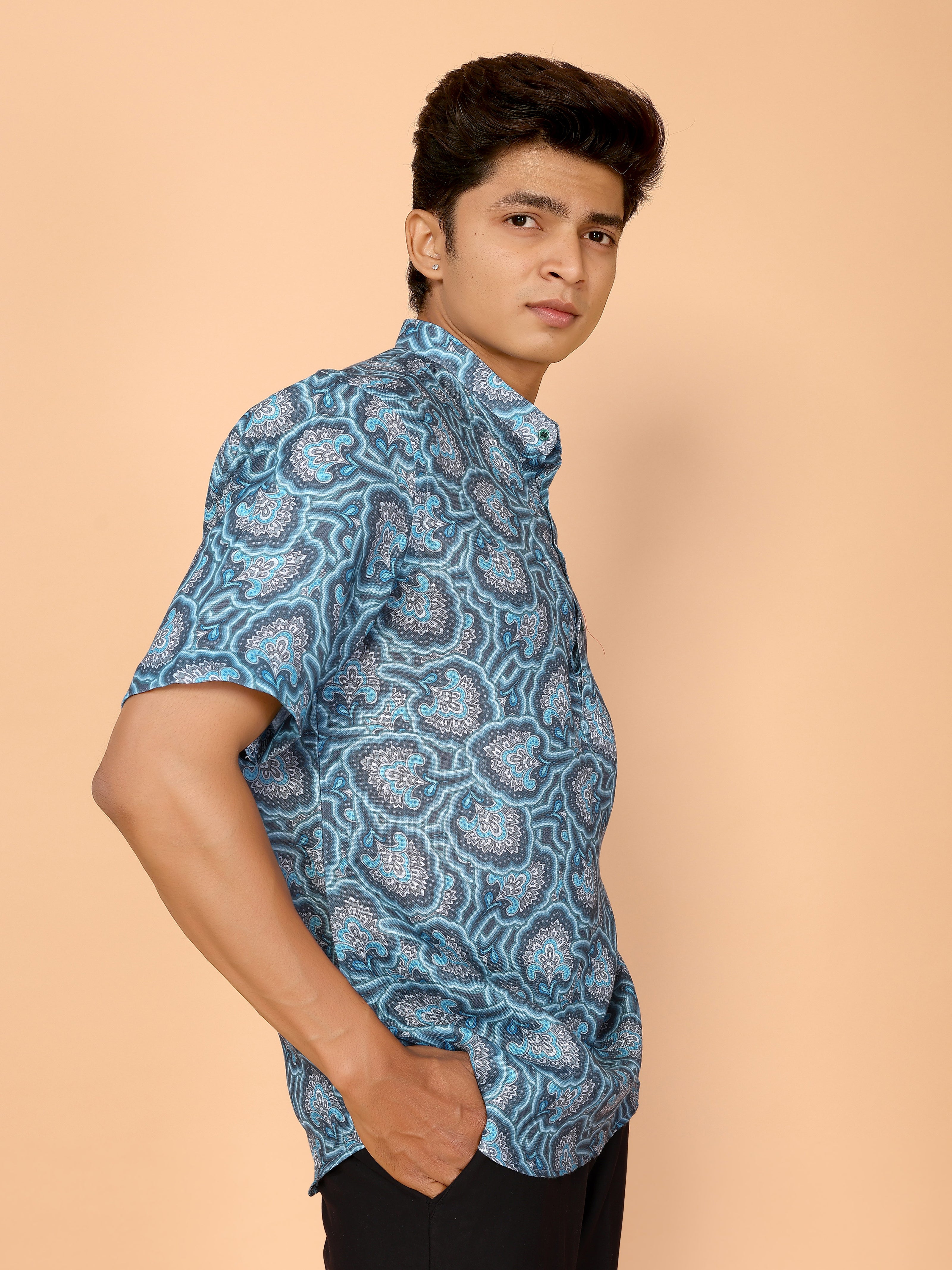 Cyan Blue Abstract Printed Linen Shirt – Bold & Breezy Summer Style