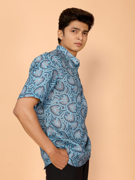 Cyan Blue Abstract Printed Linen Shirt – Bold & Breezy Summer Style