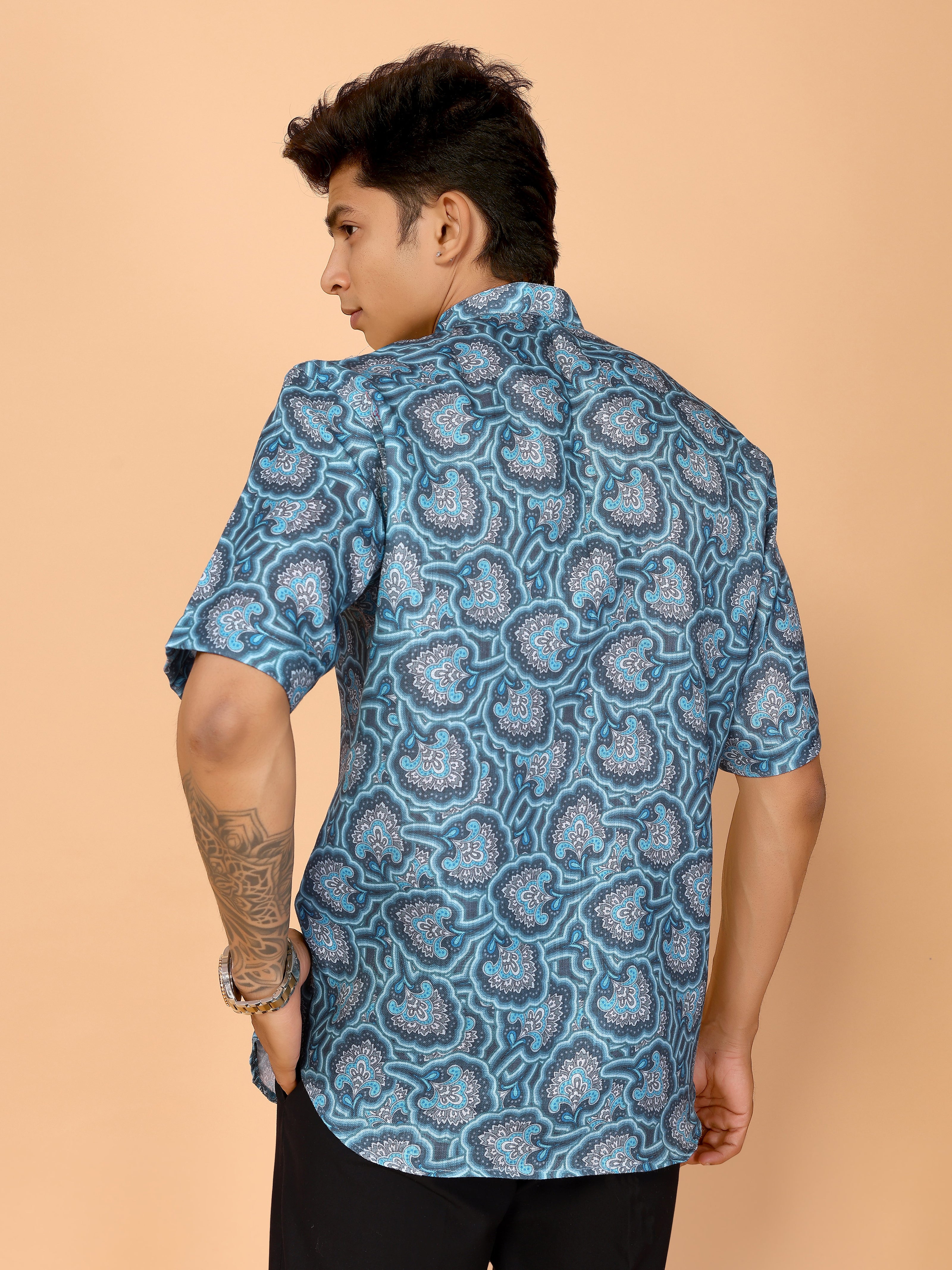 Cyan Blue Abstract Printed Linen Shirt – Bold & Breezy Summer Style