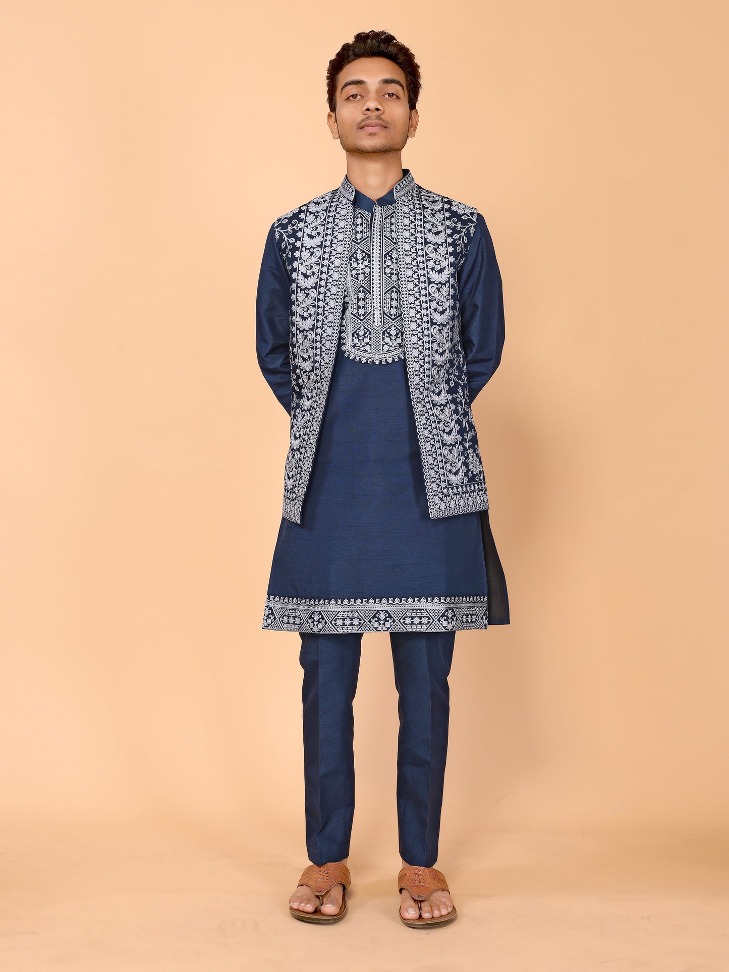 Teal Blue Chain Stitch Embroidery Work Kurta Pyjama Koti Set - Traditional Elegance for Every Occasion