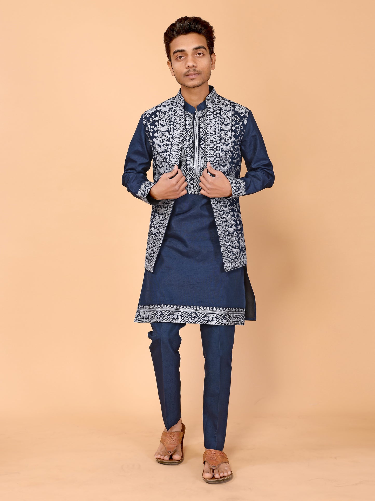 Teal Blue Chain Stitch Embroidery Work Kurta Pyjama Koti Set - Traditional Elegance for Every Occasion