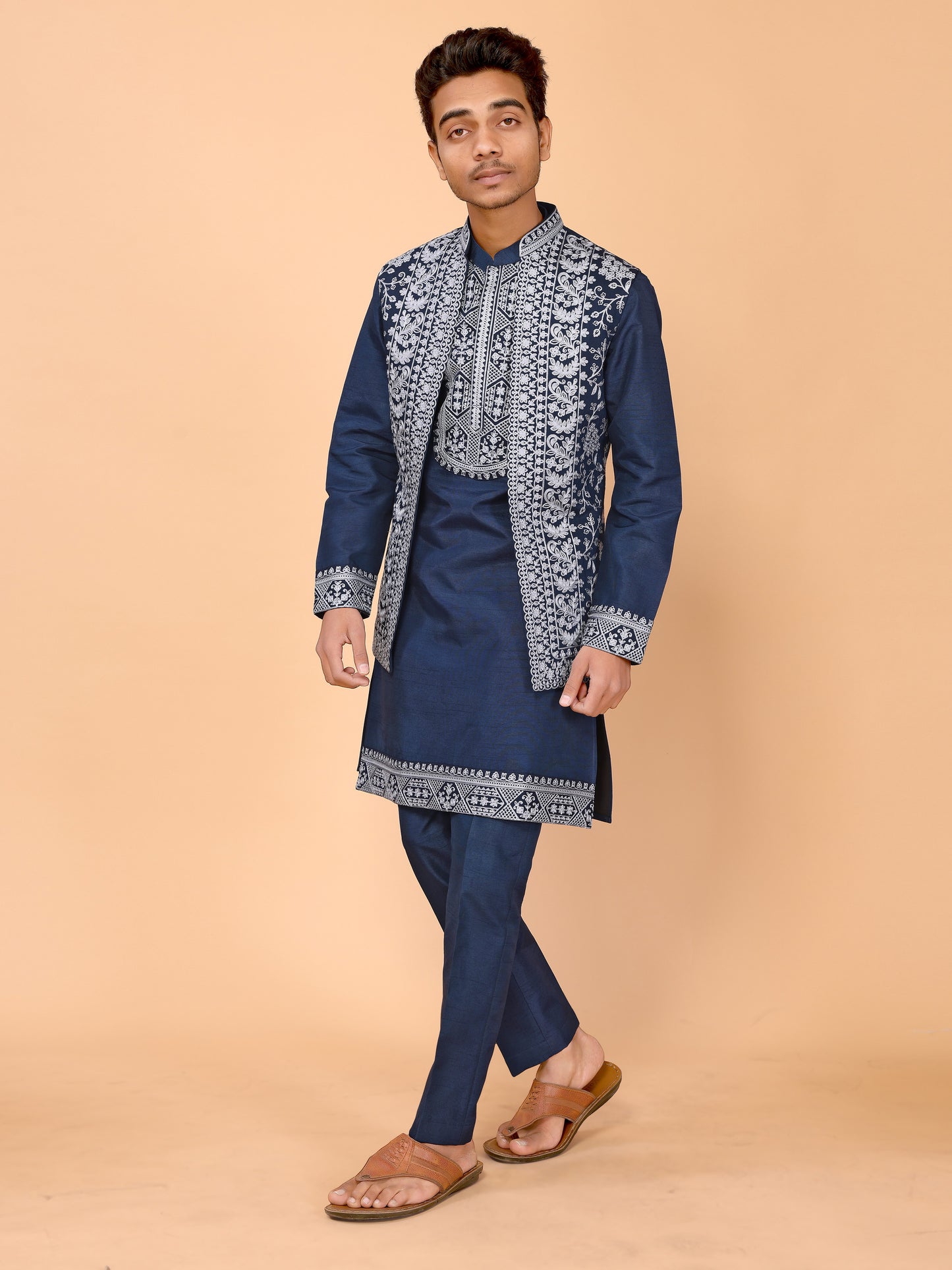 Teal Blue Chain Stitch Embroidery Work Kurta Pyjama Koti Set - Traditional Elegance for Every Occasion