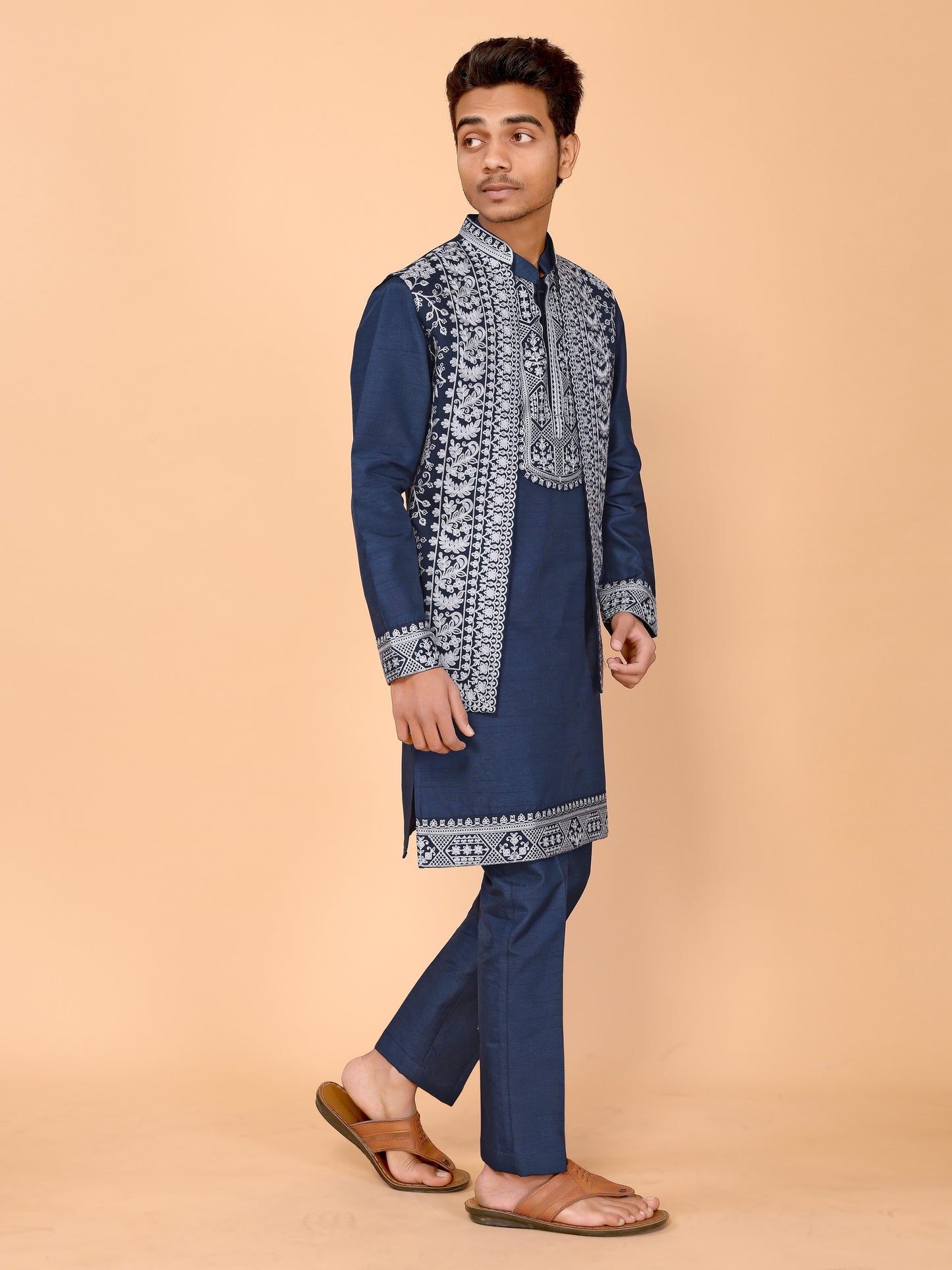 Teal Blue Chain Stitch Embroidery Work Kurta Pyjama Koti Set - Traditional Elegance for Every Occasion