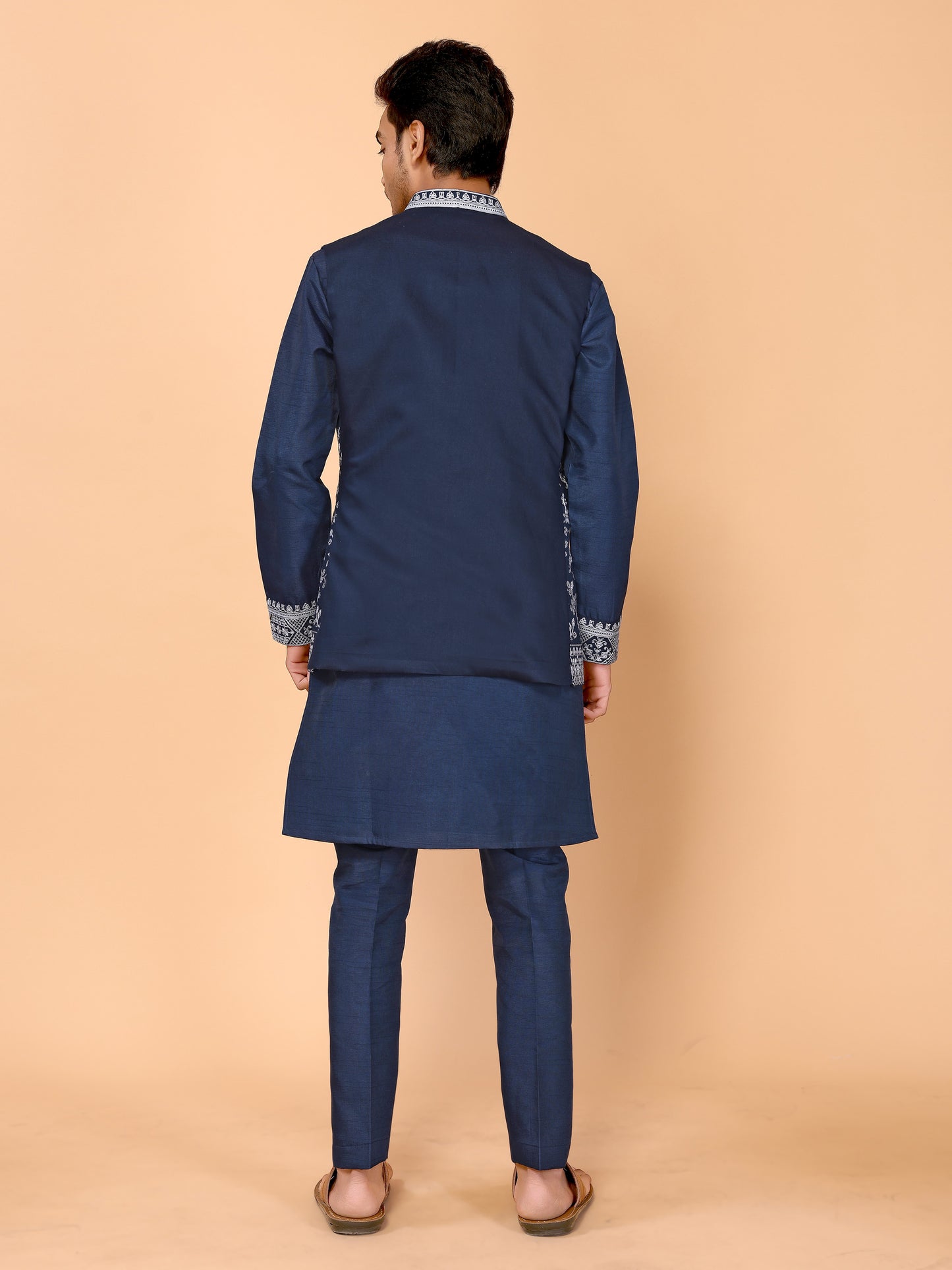 Teal Blue Chain Stitch Embroidery Work Kurta Pyjama Koti Set - Traditional Elegance for Every Occasion