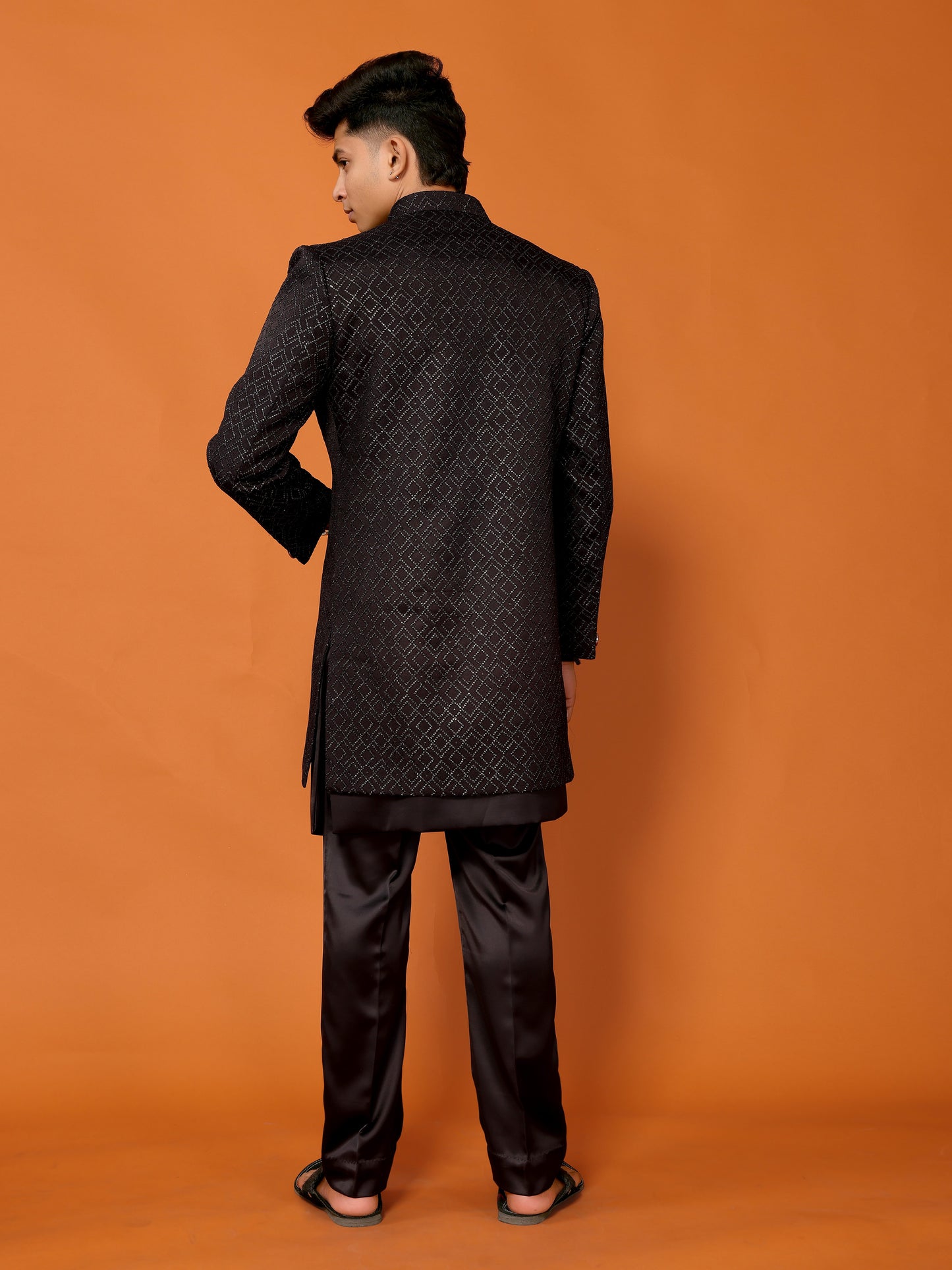Black Embroidered Indo Western & Koti For Men