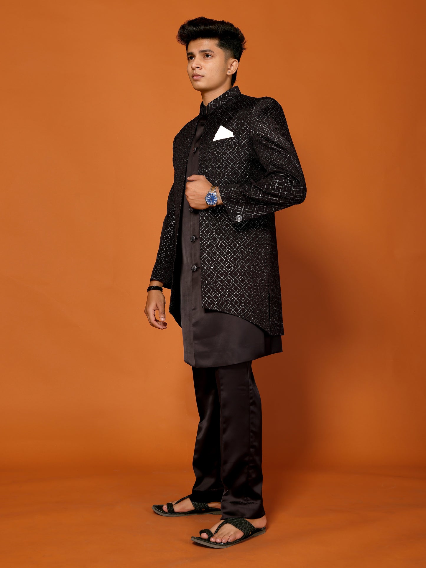 Black Embroidered Indo Western & Koti For Men