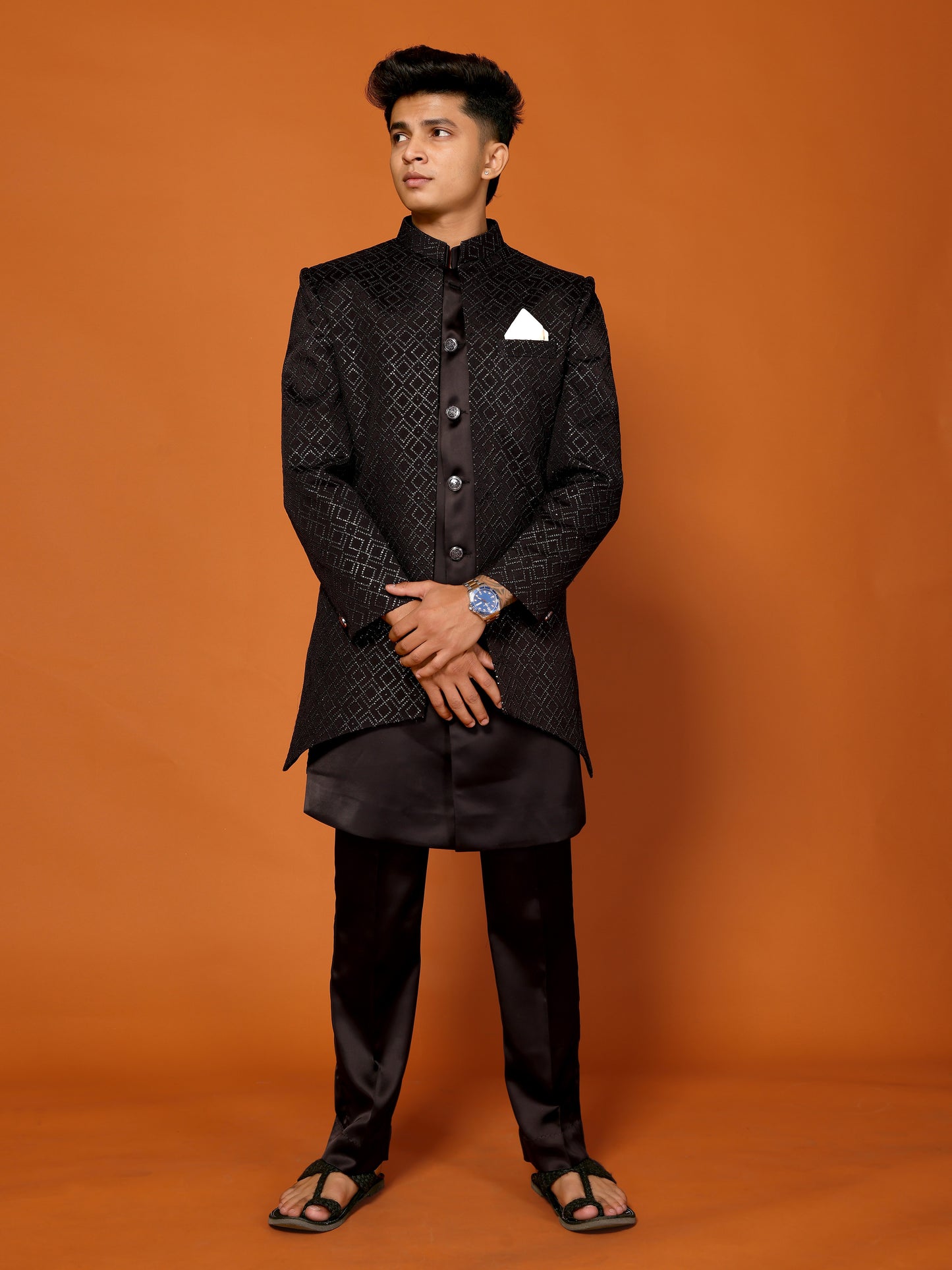 Black Embroidered Indo Western & Koti For Men