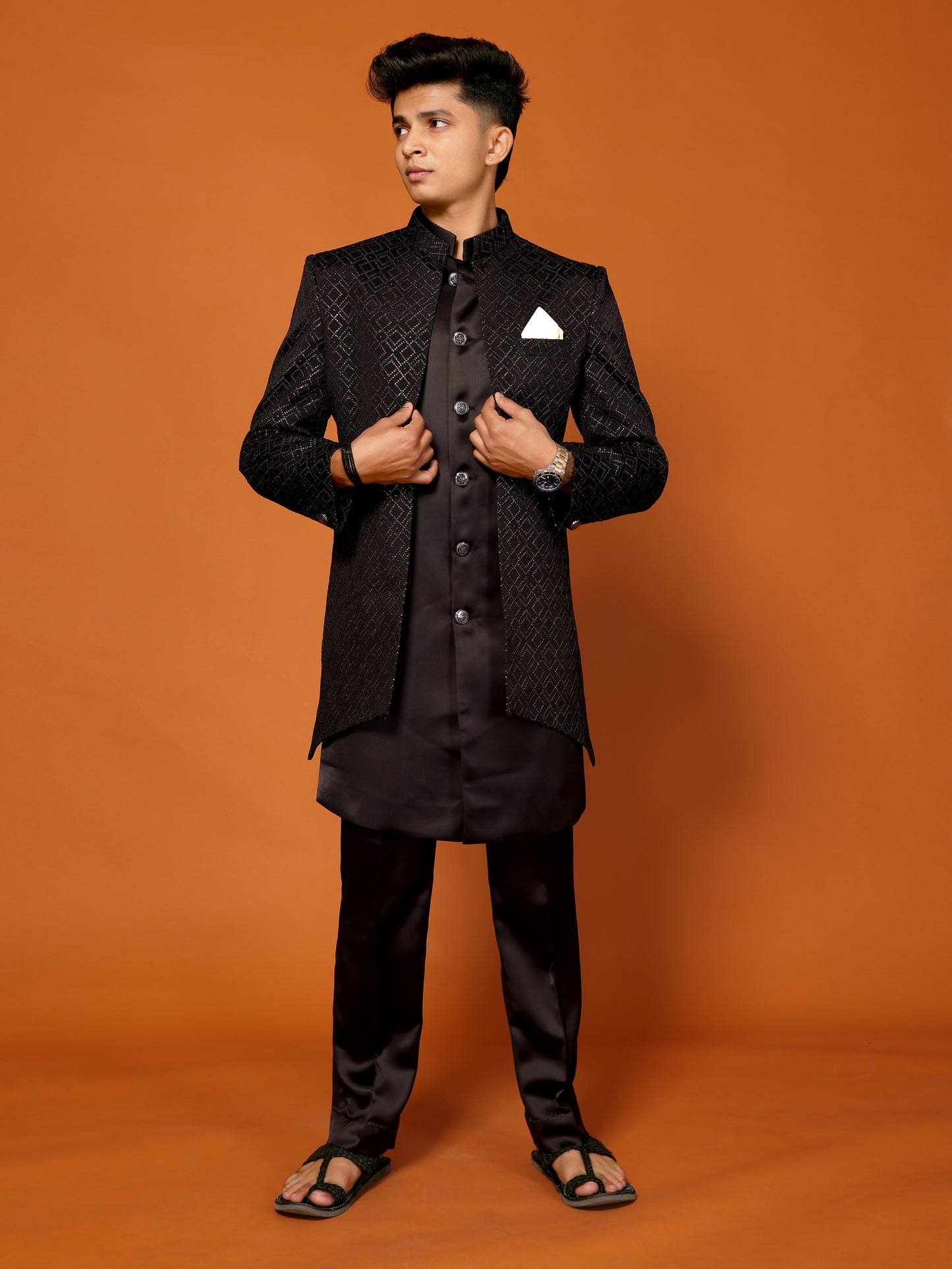 Black Embroidered Indo Western & Koti For Men