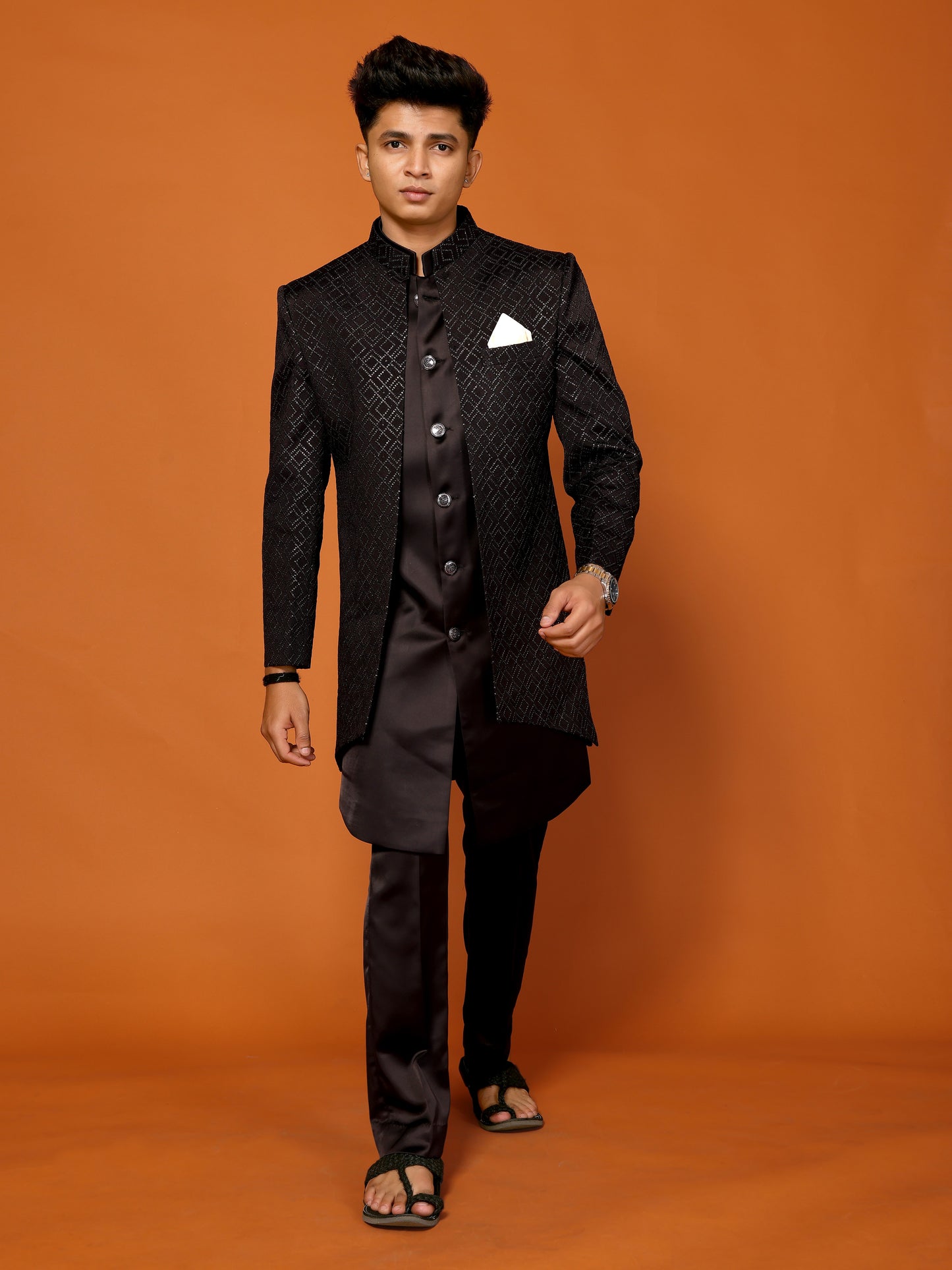 Black Embroidered Indo Western & Koti For Men