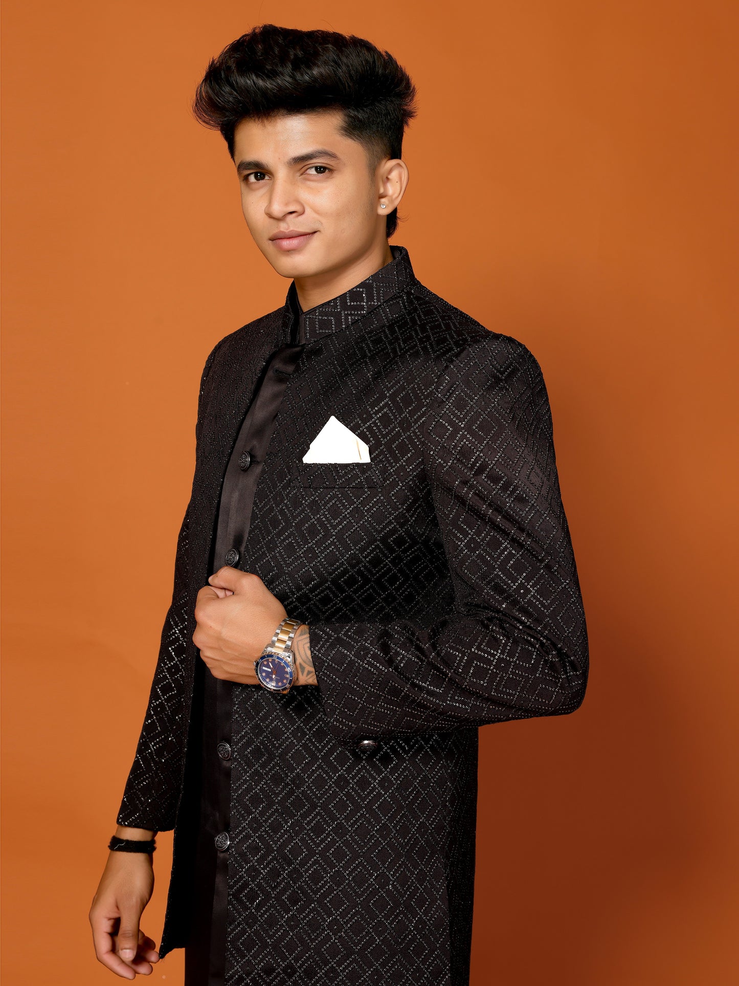 Black Embroidered Indo Western & Koti For Men