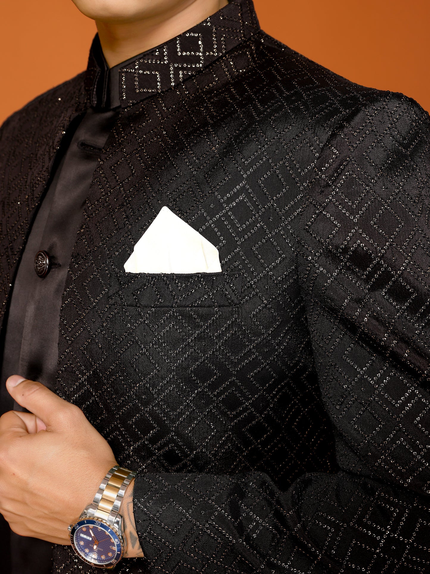 Black Embroidered Indo Western & Koti For Men