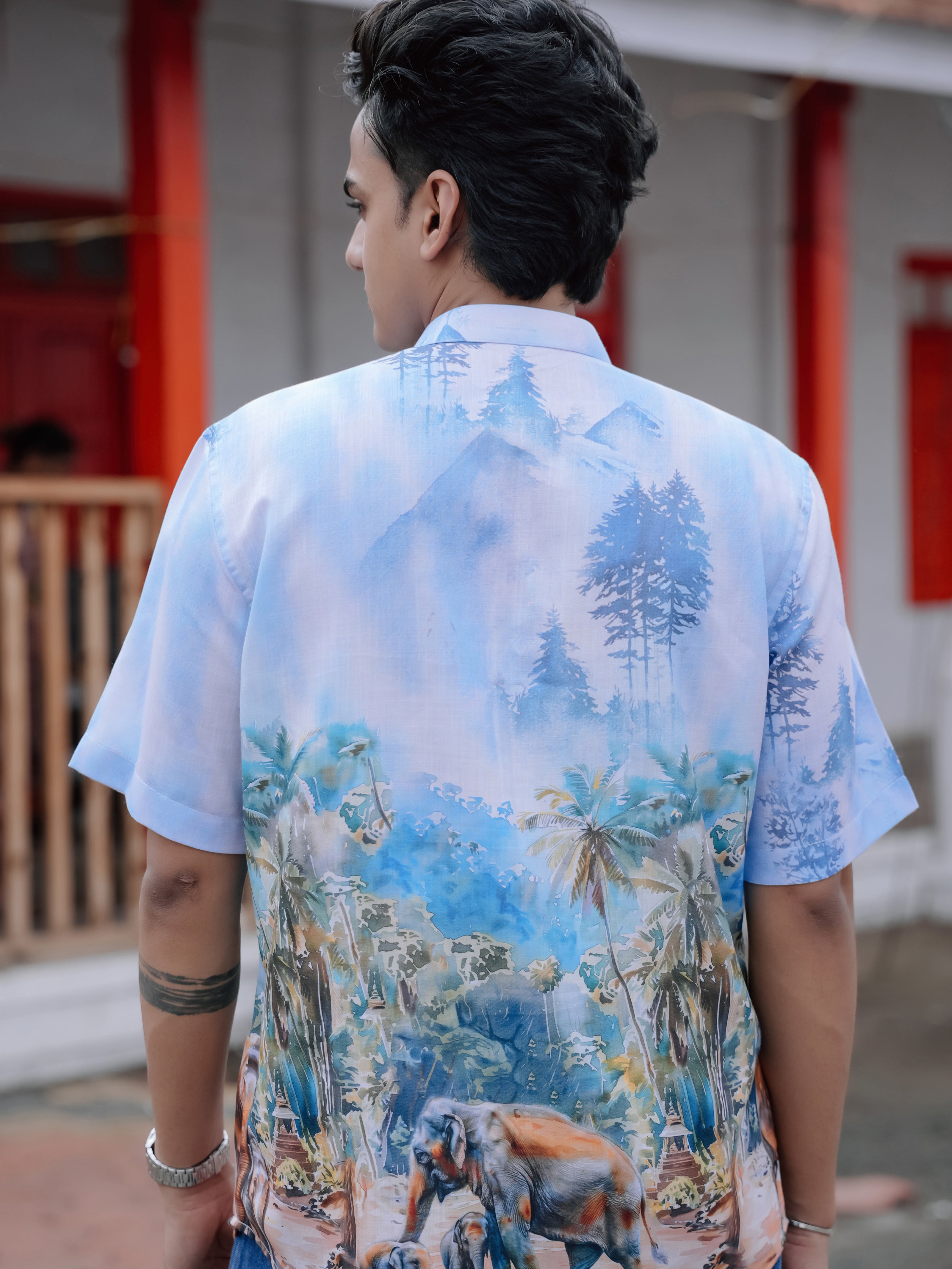 Men's Cotton Linen Street Style Vibes Elephant Nature Printed Shirt