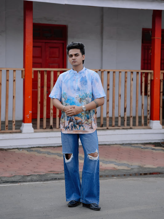 Men's Cotton Linen Street Style Vibes Elephant Nature Printed Shirt