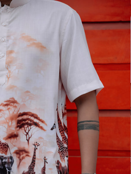 Men's Cotton Linen Street Style Vibes Giraffe Nature Printed Shirt
