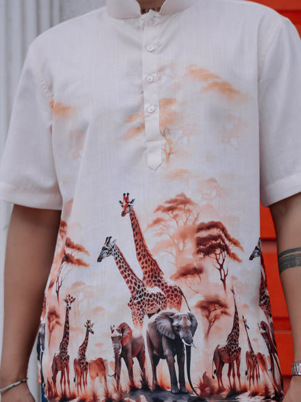 Men's Cotton Linen Street Style Vibes Giraffe Nature Printed Shirt