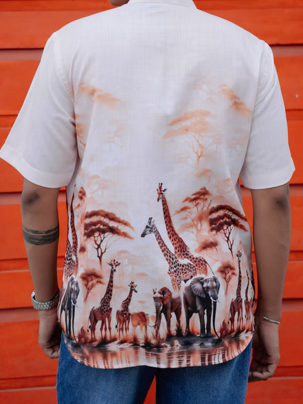 Men's Cotton Linen Street Style Vibes Giraffe Nature Printed Shirt